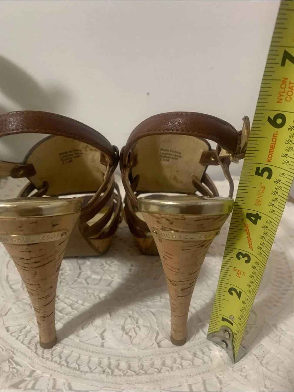 Michael Kors Laci Cork Heel Gold Rivets Ankle Buckle Size 7 1/2 MK Heel Monogram